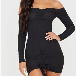 Ribbed Long Sleeve Bardot Ruched Bodycon Dress